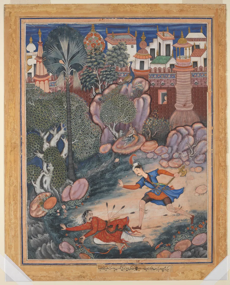 "'Umar Walks around Fulad Castle, Meets a Foot Soldier and Kicks Him to the Ground", Folio from a Hamzanama (The Adventures of Hamza) by Kesav Das
