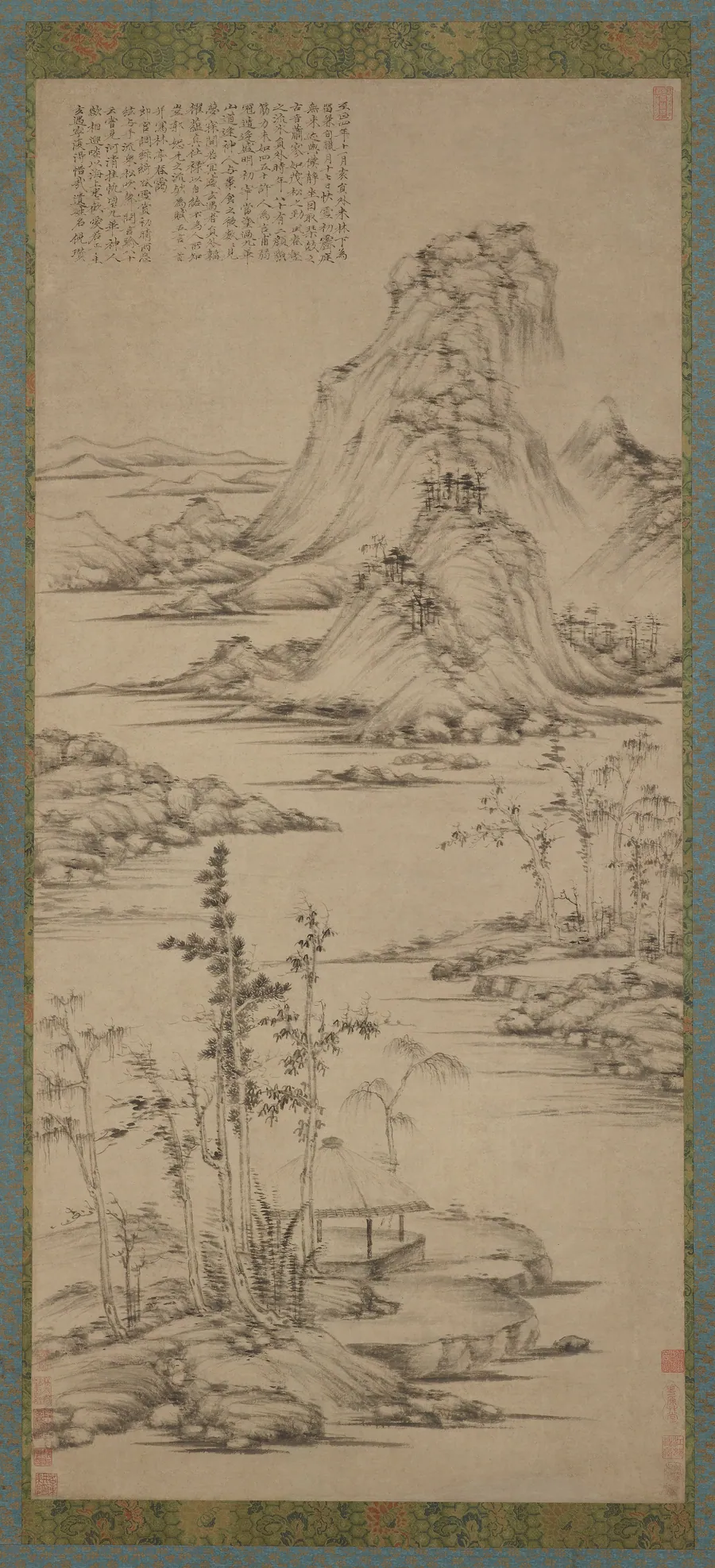Spring mists over a riverside pavilion by Traditionally attributed to Ni Zan 倪瓚 (1306-1374)