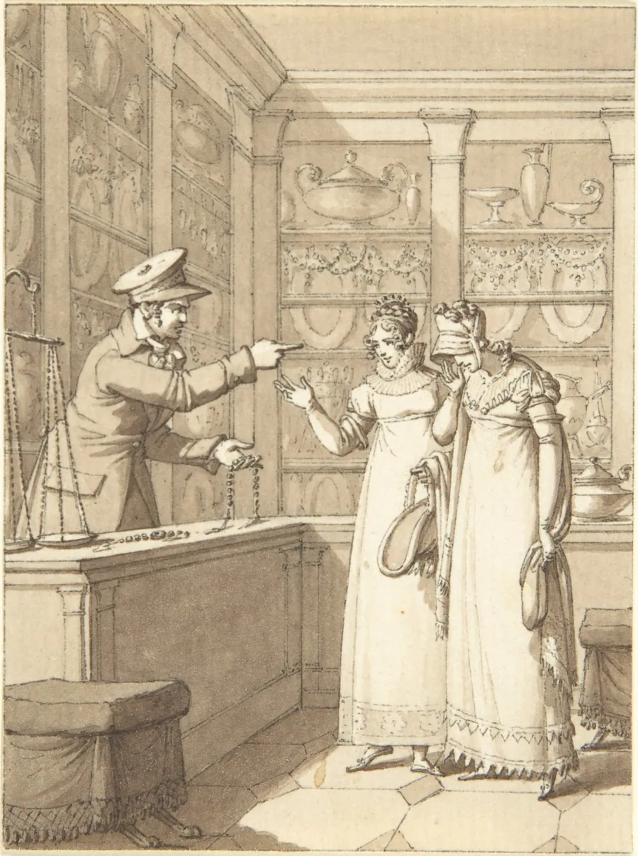 Design for a Book Illustration: Two Women in a Pawn Shop by Anonymous, German, 19th century