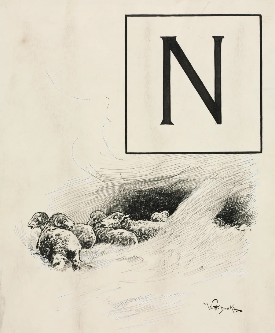 Inital N for Chapter L from "Lorna Doone" by William Henry Drake