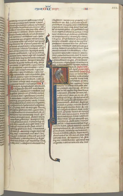 Fol. 112r, Kings II, historiated initial F, the beheading of the Amalekite
