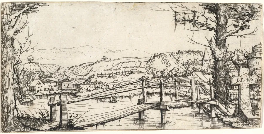 River Landscape with a Footbridge by Augustin Hirschvogel