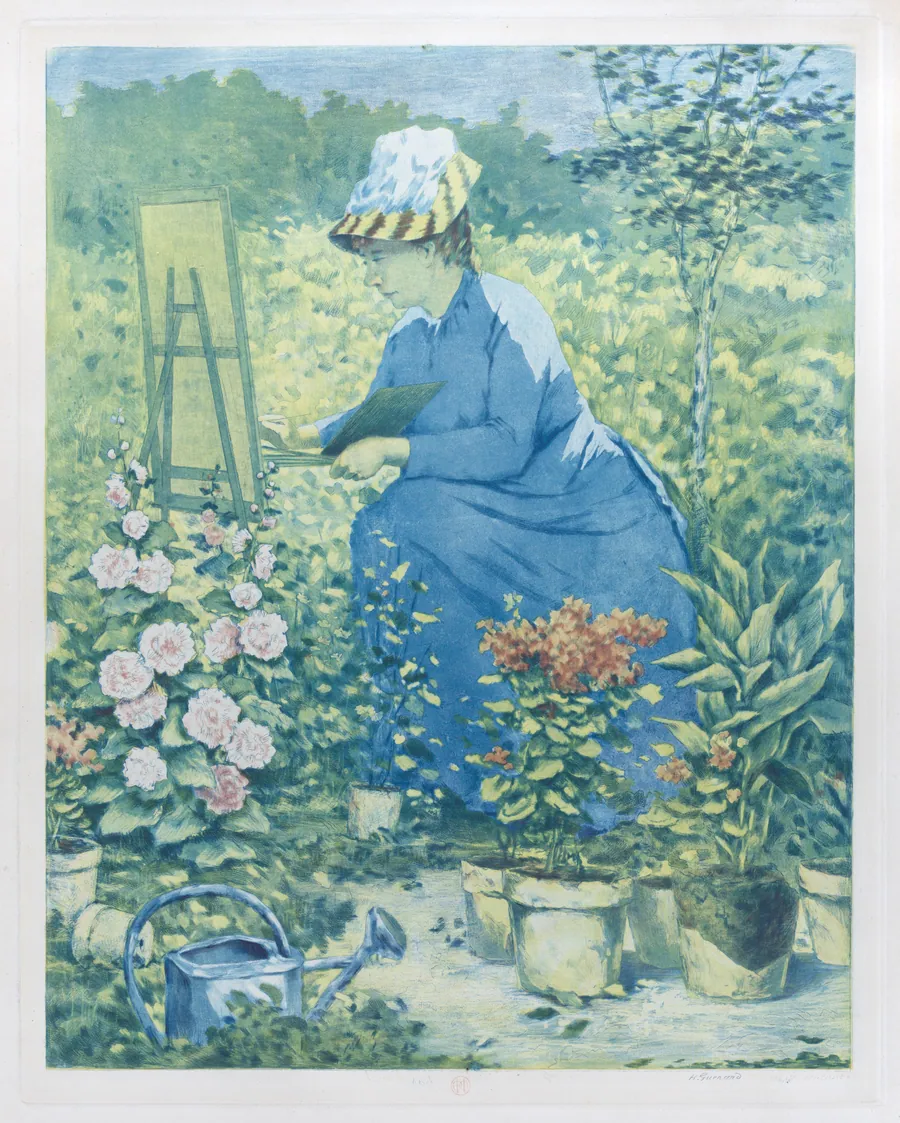 Jeanne Gonzales Painting in the Garden by Henri-Charles Guérard