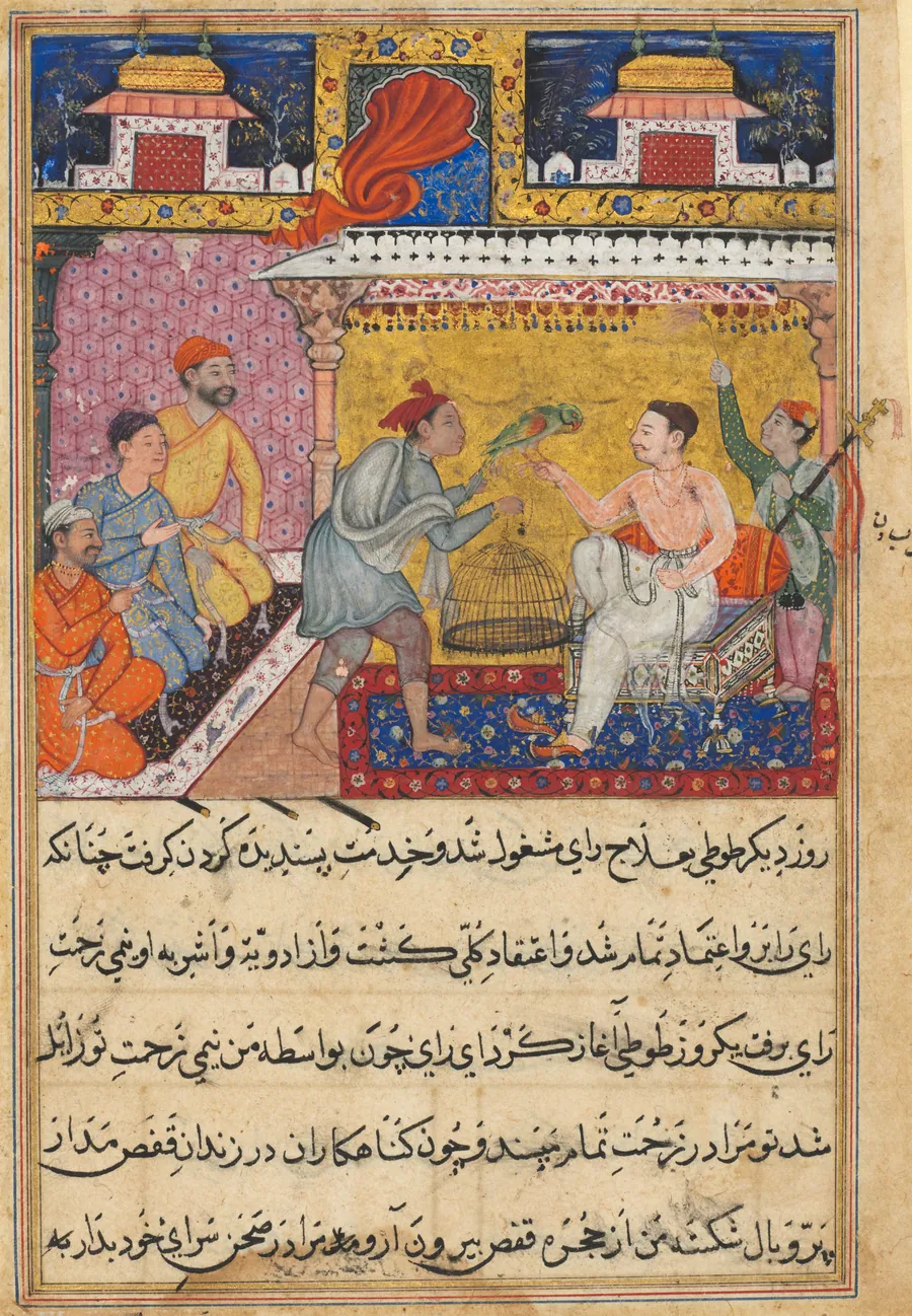 The hunter offers the mother parrot to the king of Kamarupa, from a Tuti-nama (Tales of a Parrot): Fifth Night by Basavana