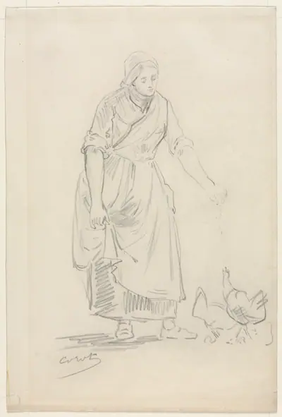 Peasant Girl Feeding Chickens