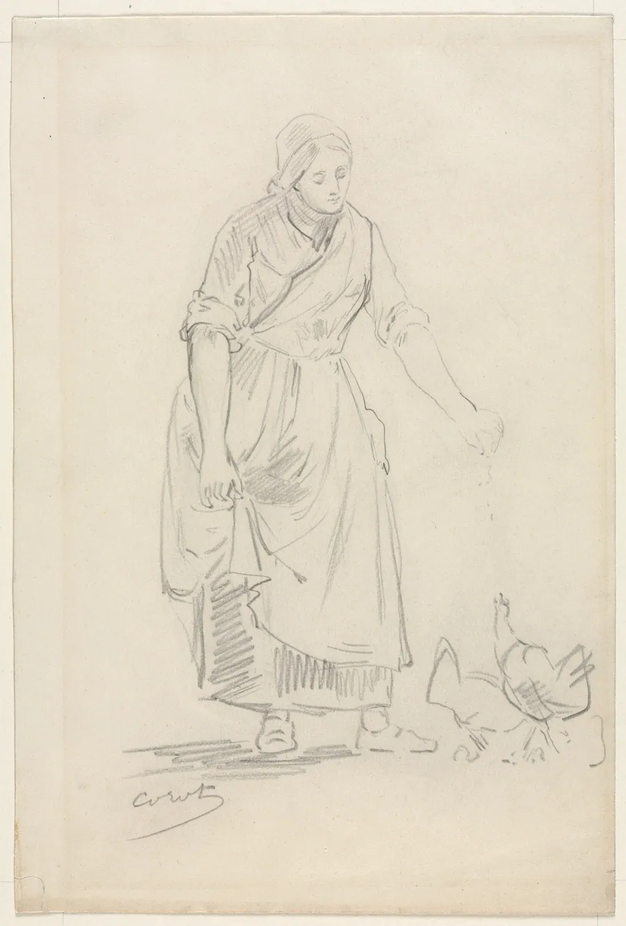 Peasant Girl Feeding Chickens by Jean Baptiste Camille Corot
