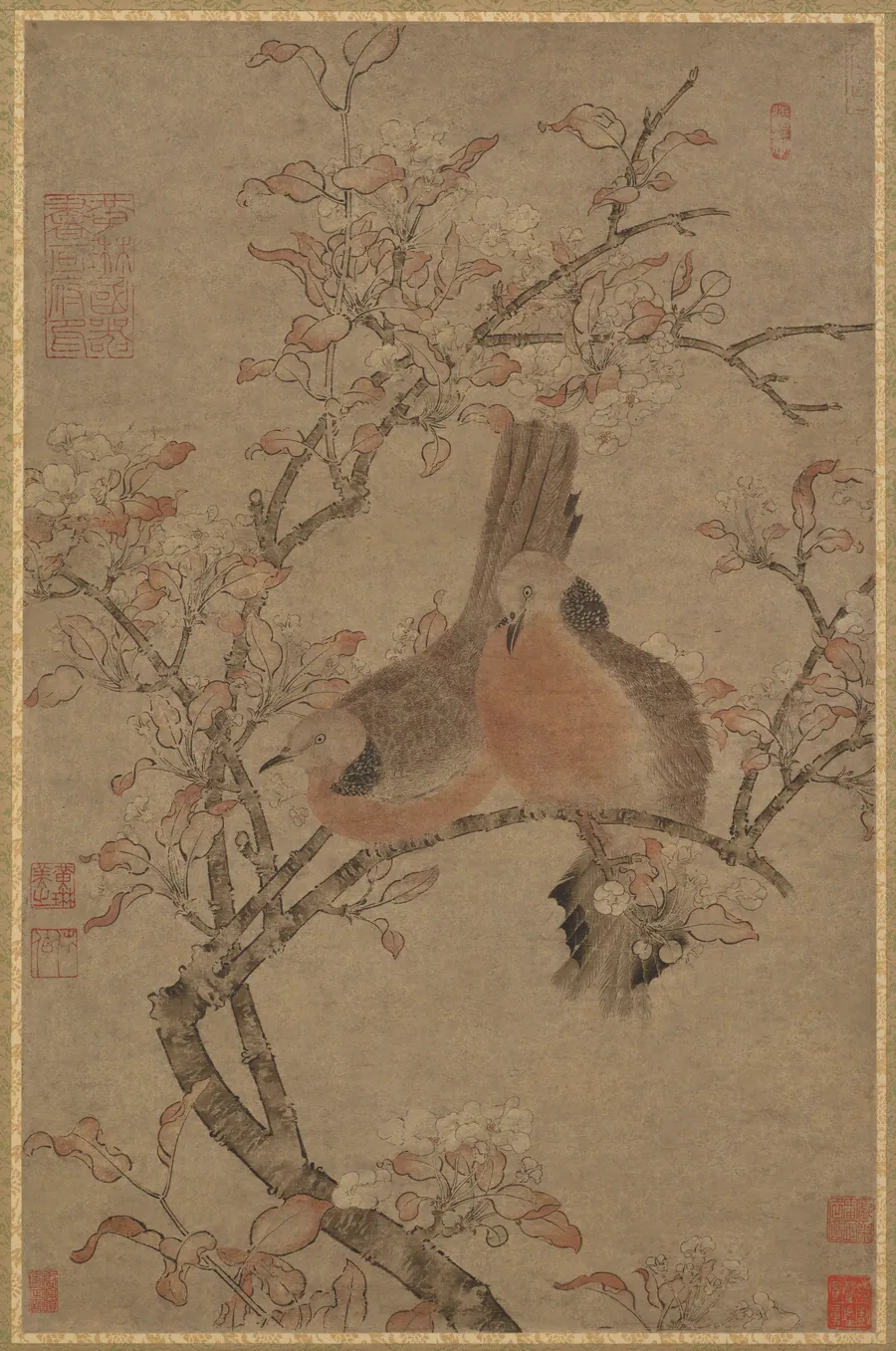Two doves on a flowering branch by Formerly attributed to Bian Luan (active late 8th-early 9th century)