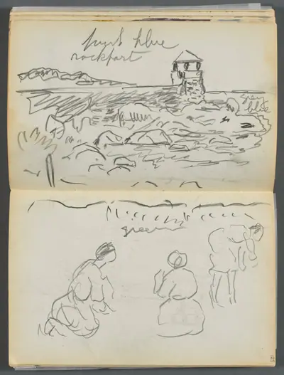 Sketchbook- The Granite Shore Hotel, Rockport, page 124 & 125: Rockport Lighthouse and Figures on Shore
