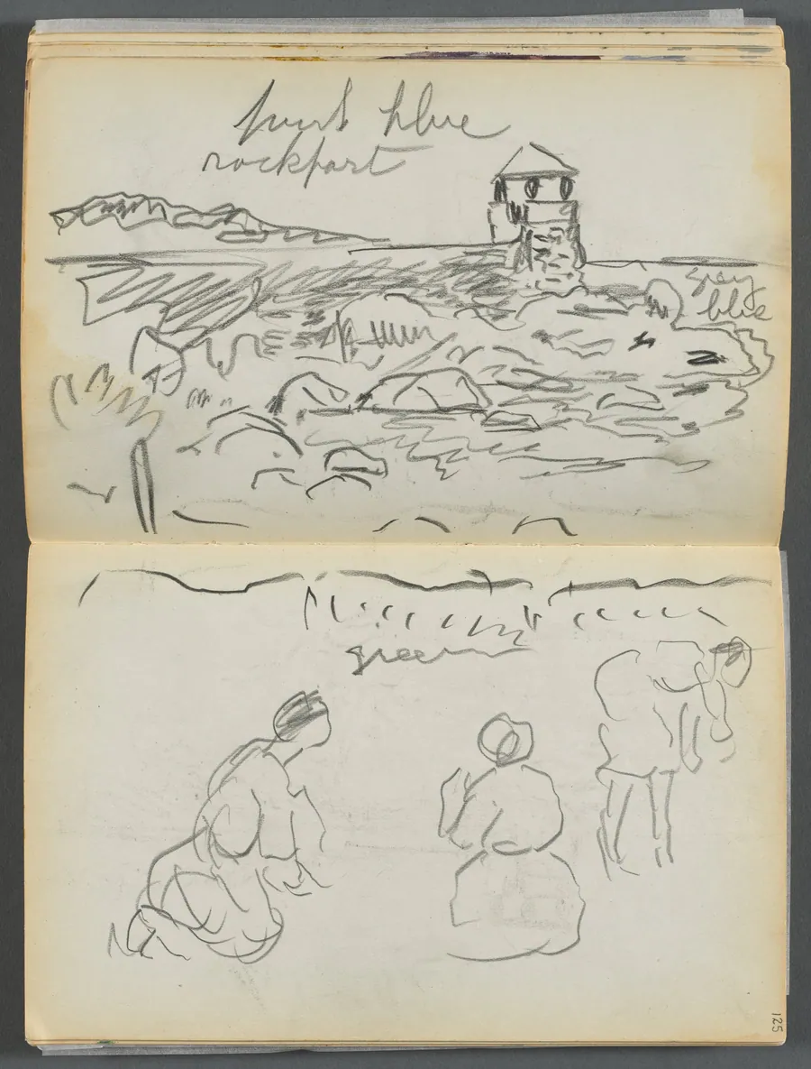 Sketchbook- The Granite Shore Hotel, Rockport, page 124 & 125: Rockport Lighthouse and Figures on Shore by Maurice Prendergast