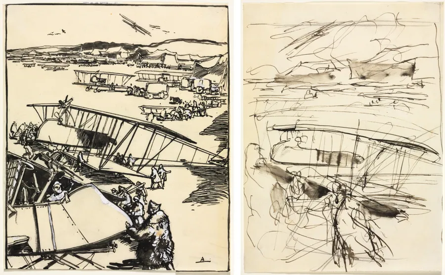 Avions reposant sur le terrain (recto and verso) by Auguste Louis Lepère