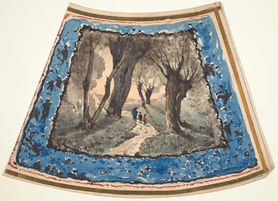 Travelers on a Wooded Path with a Border of Whimsical Figures and Monkeys by Henri-Joseph Harpignies