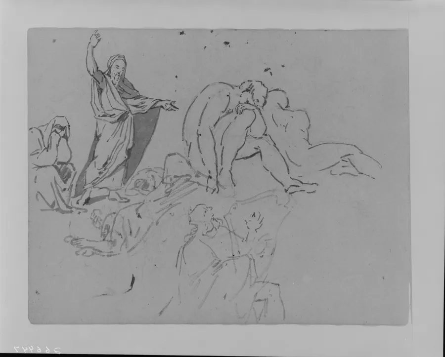 Man Preaching with Upraised Arm, Two Male Nudes, Man Playing Harp (from Sketchbook) by Thomas Sully