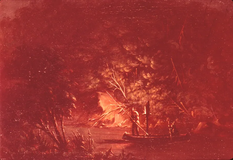 Ojibwe Spearing Salmon by Torchlight by George Catlin, born Wilkes-Barre, PA 1796-died Jersey City, NJ 1872