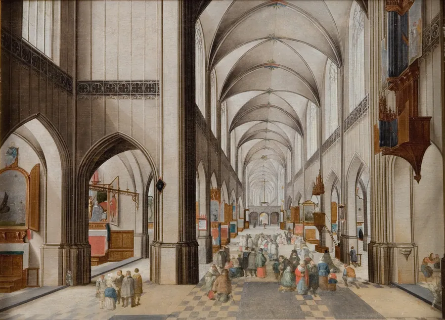 Interiør af en treskibet gotisk kirke set mod øst, under en prædiken by Peeter Neeffs (I)
