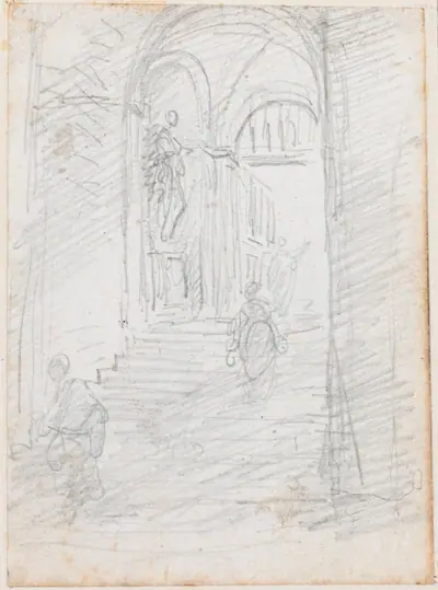 Figures on a Monumental Interior Stairway [recto]