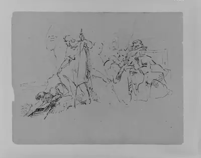 Man and Dog Overlooming Distant Landscape; Seated Man Collapsing, Attended by Three Figures (from Sketchbook)