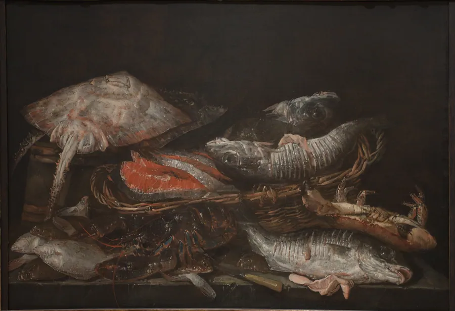 Stilleben med fisk på et stenbord by Abraham van Beijeren