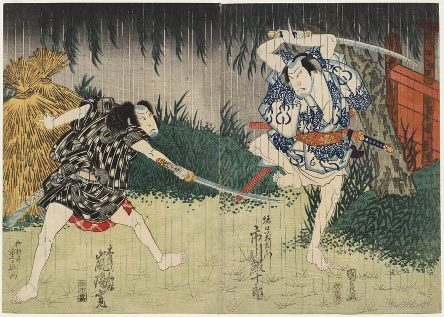 Arashi Rikan II as Kizu Kansuke; Ichikawa Ebijuro II as Horiguchi Manzaemon by Shigenao