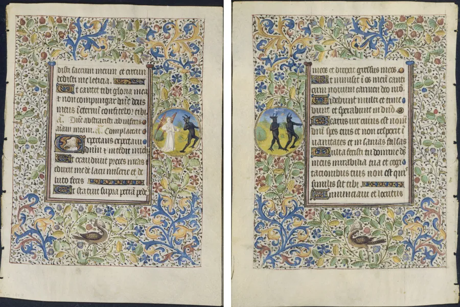 Leaf from a Book of Hours: Office of the Dead: Angel Chasing a Devil (recto) and Two Devils (verso) by Coëtivy Master