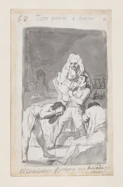 A charlatan extracting a tooth from a patient's mouth, figure in the foreground vomiting; folio 68 (verso) from the Madrid Album 'B'