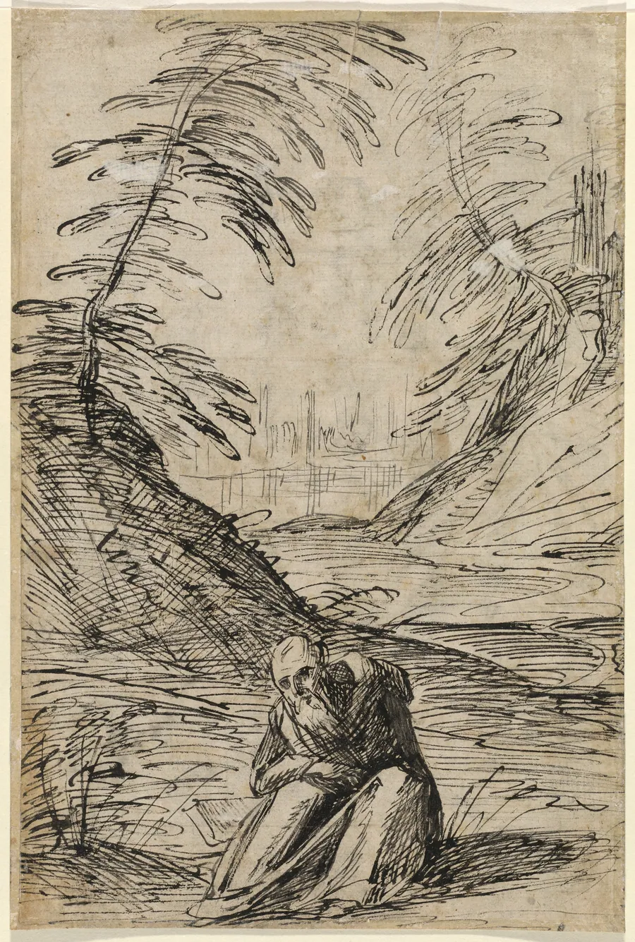 Desert Landscape with a Hermit (verso) by Hermann Weyer
