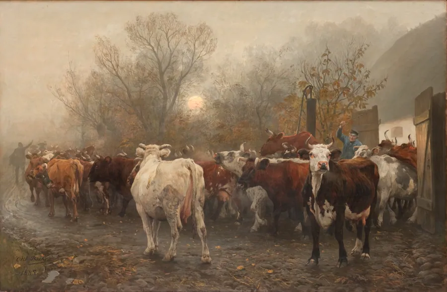 Køerne drives ud af stalden by Otto Bache