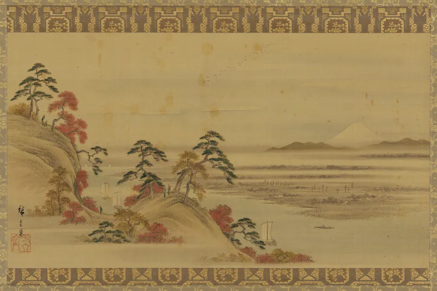 River landscape: red foliage and Mount Fuji by Utagawa Hiroshige II 歌川広重 二世 (1826-1869)