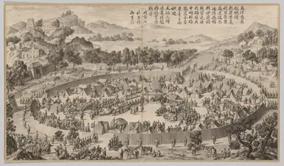 Chieftain Wushe Surrendering the City: from Battle Scenes of the Quelling of the Rebellions in the Western Regions, with imperial Poems