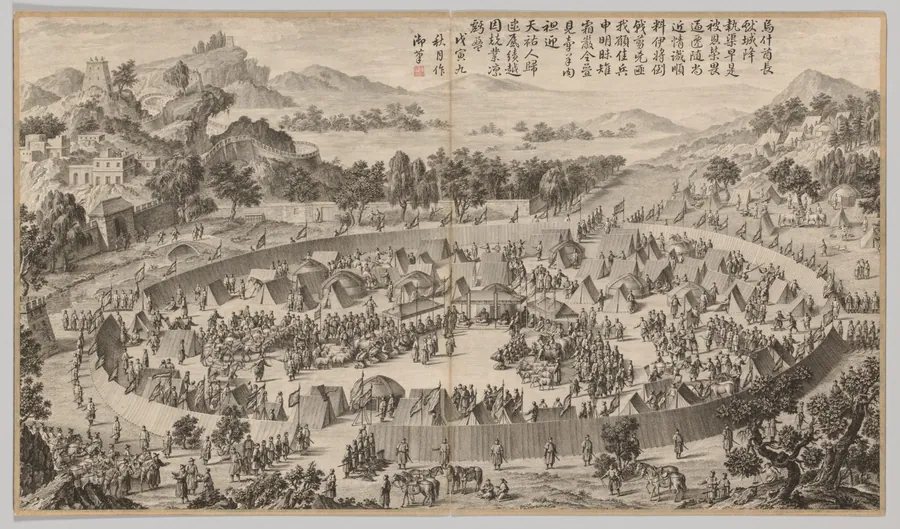 Chieftain Wushe Surrendering the City: from Battle Scenes of the Quelling of the Rebellions in the Western Regions, with imperial Poems by Jean Damascene Sallusti