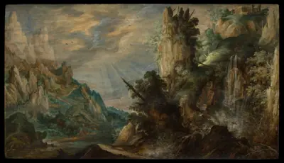 A Mountainous Landscape with a Waterfall