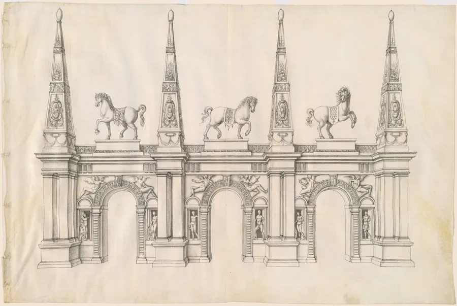 A Triumphal Arch with Caparisoned Horses and Ornamented Pinnacles by Jacques Androuet du Cerceau