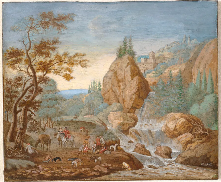 Bjerglandskab med jagtselskab i forgrunden by F.C. van Bracht