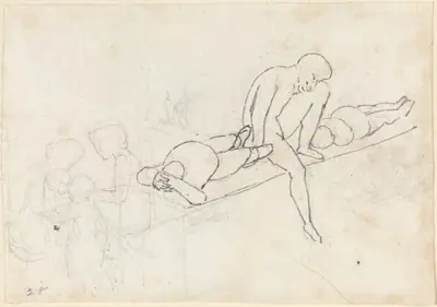 Seated Man Flanked by Two Reclining Figures; Huddle of Figures in Lower Left Corner