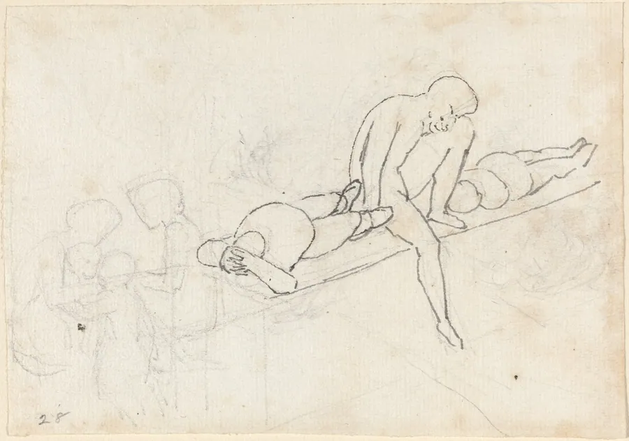 Seated Man Flanked by Two Reclining Figures; Huddle of Figures in Lower Left Corner by John Flaxman