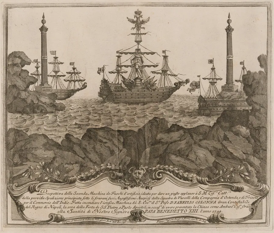 The Seconda Macchina for the Chinea of 1729: The Ships of the Ostend Company and Trieste Company at the Pillars of Hercules by Filippo Vasconi