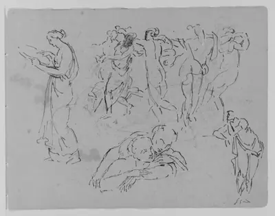 Sketches of Two Women, a Man Fighting a Beast, Two Furniture Fragments (from Sketchbook)