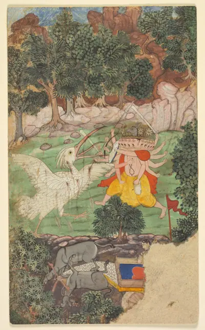 Battle of Ravana and Jatayu, from Chapters 50 and 51 of the Aranya Kanda (Book of the Forest) of Valmiki's Ramayana (Rama’s Journey); folio from the "Burnt" Ramayana