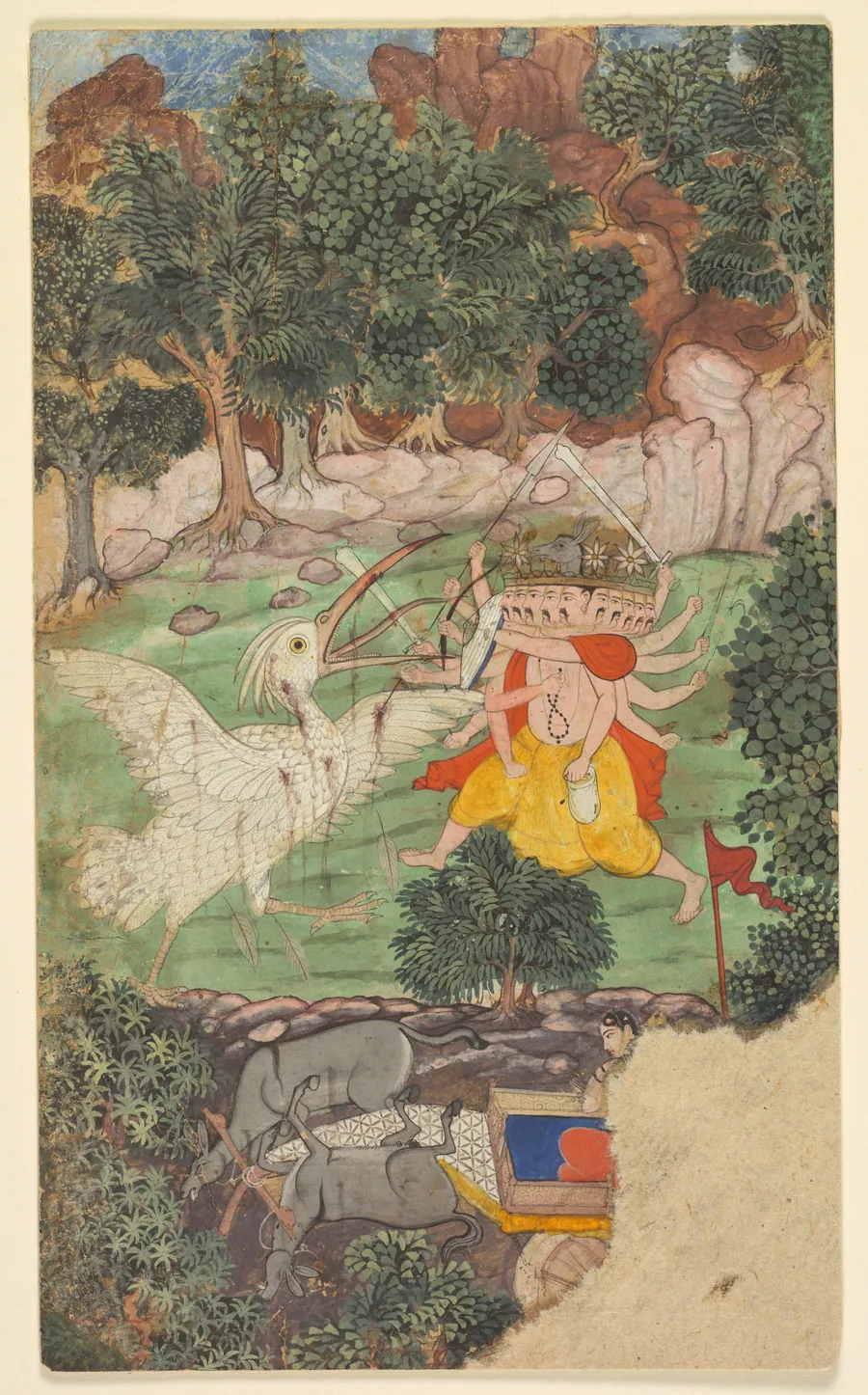 Battle of Ravana and Jatayu, from Chapters 50 and 51 of the Aranya Kanda (Book of the Forest) of Valmiki's Ramayana (Rama’s Journey); folio from the "Burnt" Ramayana