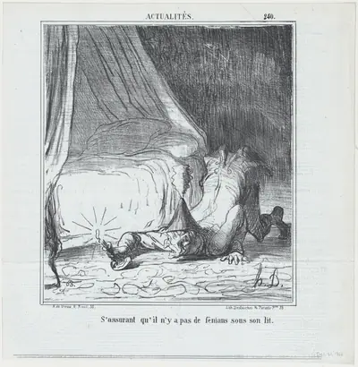 S'assurant qu'il n'y a pas de féniant sous son lit, from Actualités, published in Le Charivari, December 21, 1866