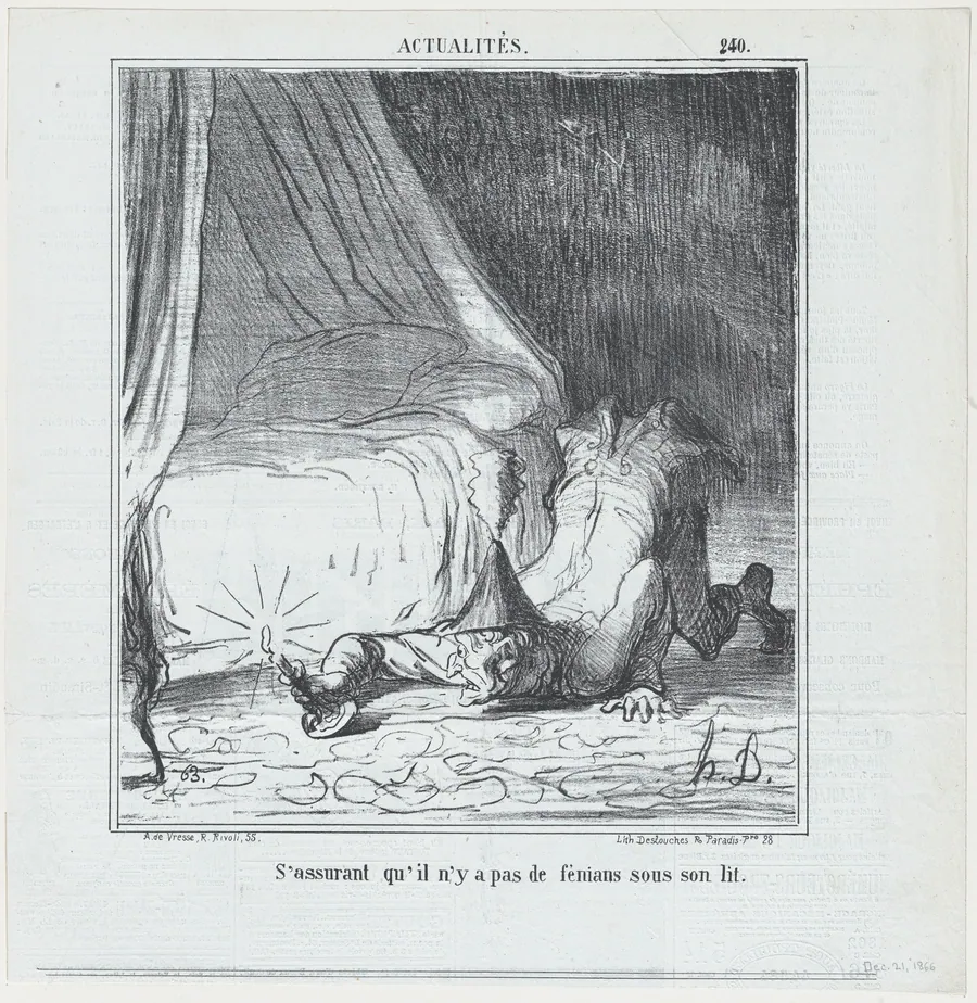 S'assurant qu'il n'y a pas de féniant sous son lit, from Actualités, published in Le Charivari, December 21, 1866 by Honoré Daumier