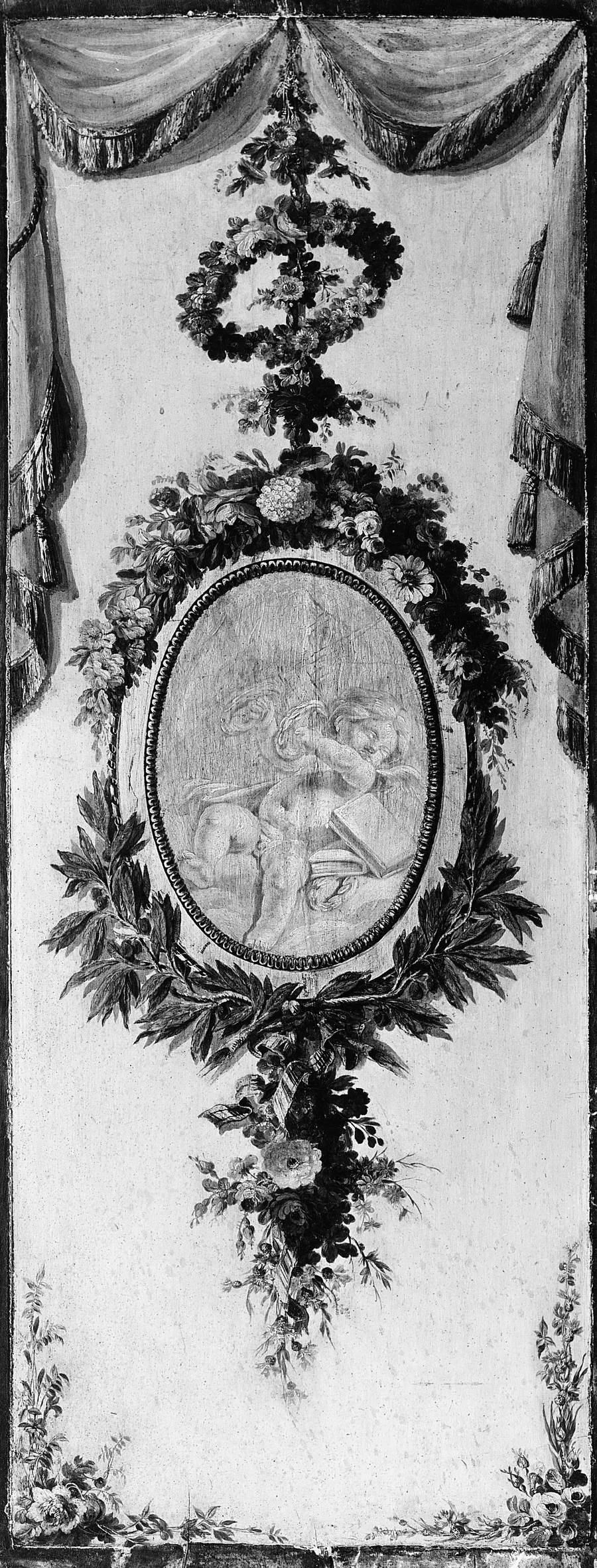 Putto in a medallion surrounded by a garland by French Painter