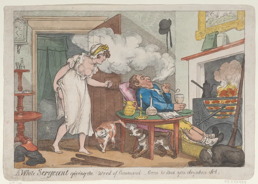 A White Sergeant giving the word of command - "Come to Bed you drunken sot" by Thomas Rowlandson