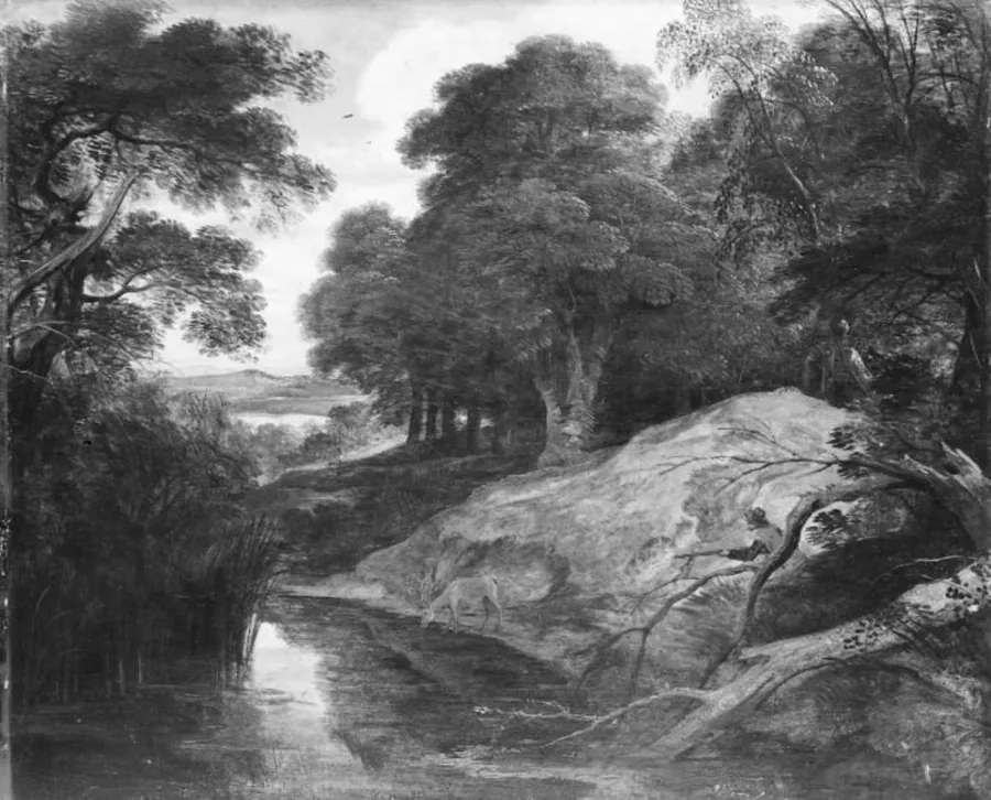 Landskab med jæger og hjorte by Lodewijk de Vadder
