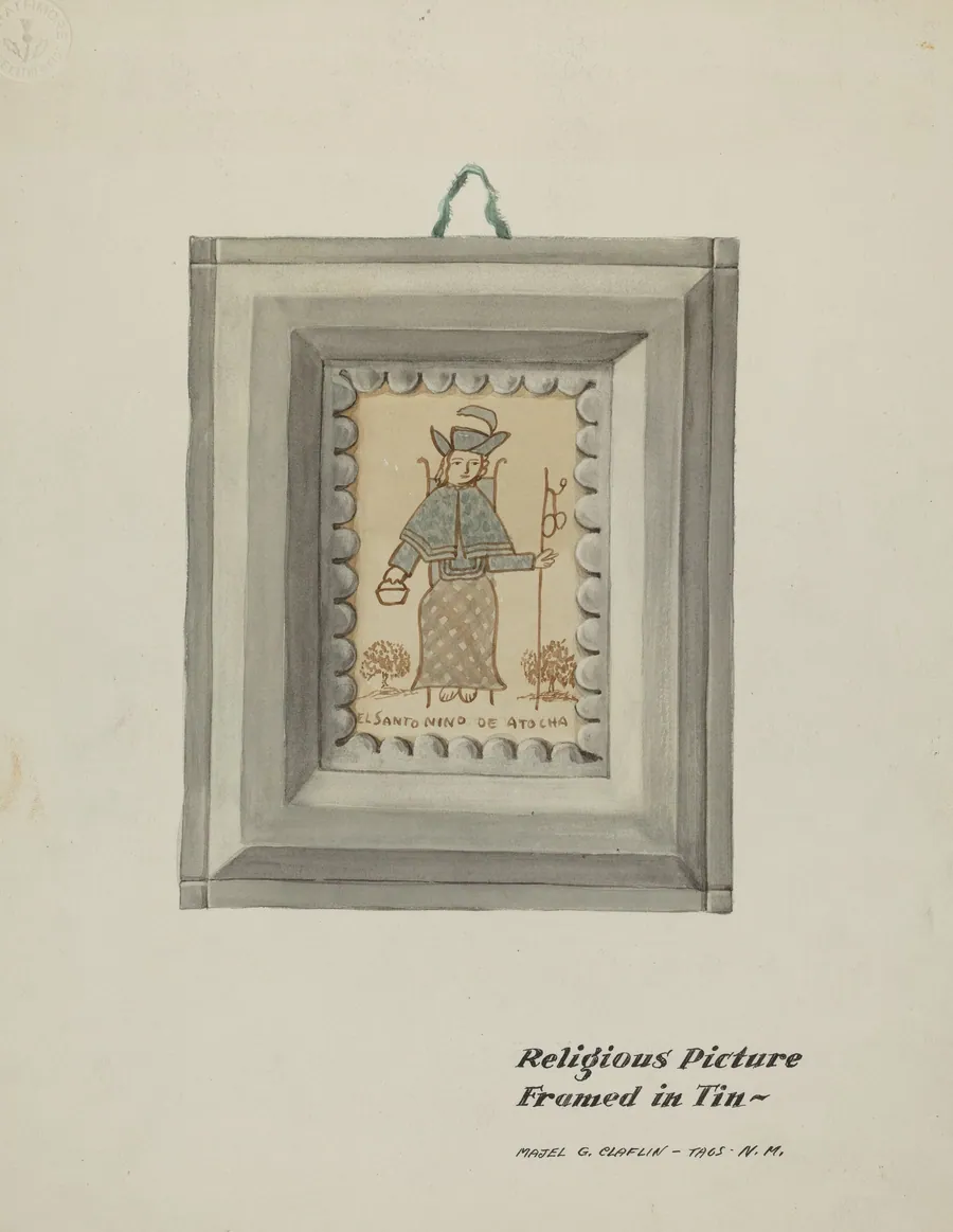 Hand Drawn "Santo Nino de Atocha"-Hand Made Tin Frame by Majel G. Claflin