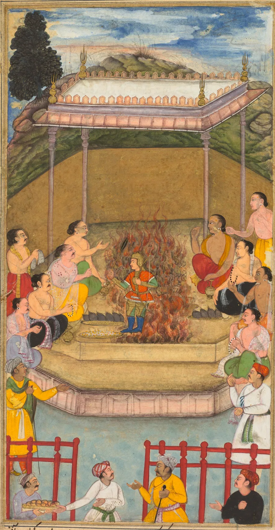 Yaja and Upayaja perform a sacrifice for the emergence of Dhrishtadyumna from the fire, from Adi-parva (volume one) of the Razm-nama (Book of Wars) adapted and translated into Persian by Mir Ghiyath al-Din Ali Qazvini, known as Naqib Khan (Persian, d. 1614) from the Sanskrit Mahabharata by Bilal Habshi