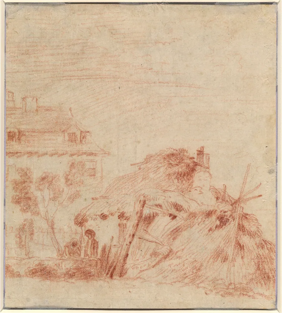 View of a House, a Cottage, and Two Figures [verso] by Antoine Watteau