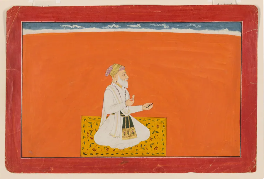 The sage-physician Dhanvantari, folio from the “Sixth” <em>Bhagavata Purana</em> series, also known as the “small” Guler-Basohli series by Attributed to Manaku (active ca.1700-1760)