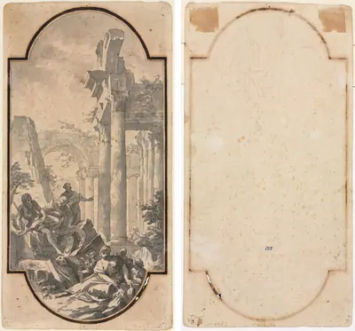 Figures Near the Ruins of a Corinthian Temple (recto); Fragment of an Arch (tracing from recto) (verso)
