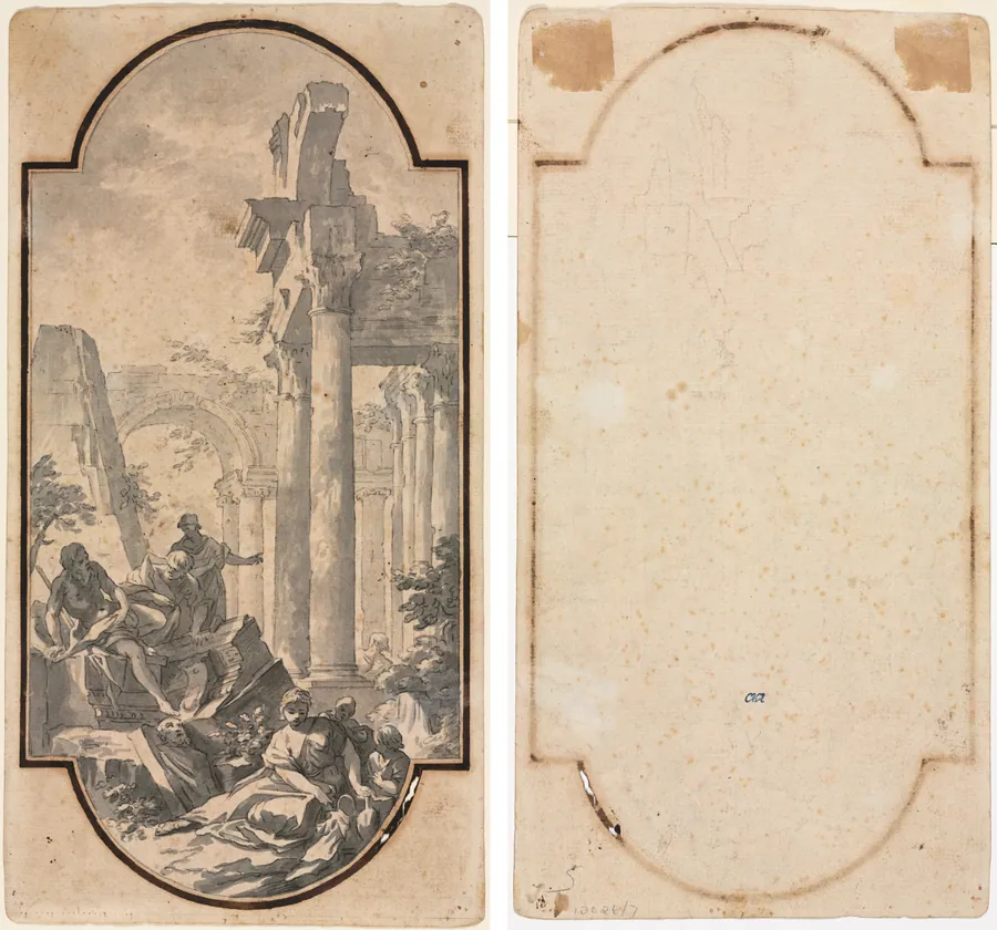 Figures Near the Ruins of a Corinthian Temple (recto); Fragment of an Arch (tracing from recto) (verso) by Andrea Locatelli