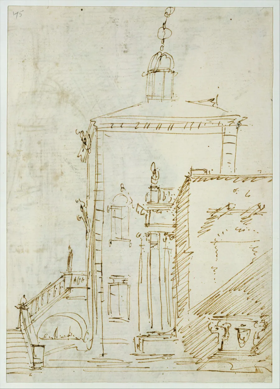 A Magnificent Pavilion by the Lagoon (recto); The Grand Canal, with the Rialto Bridge from the South (verso) by Canaletto (Giovanni Antonio Canal)